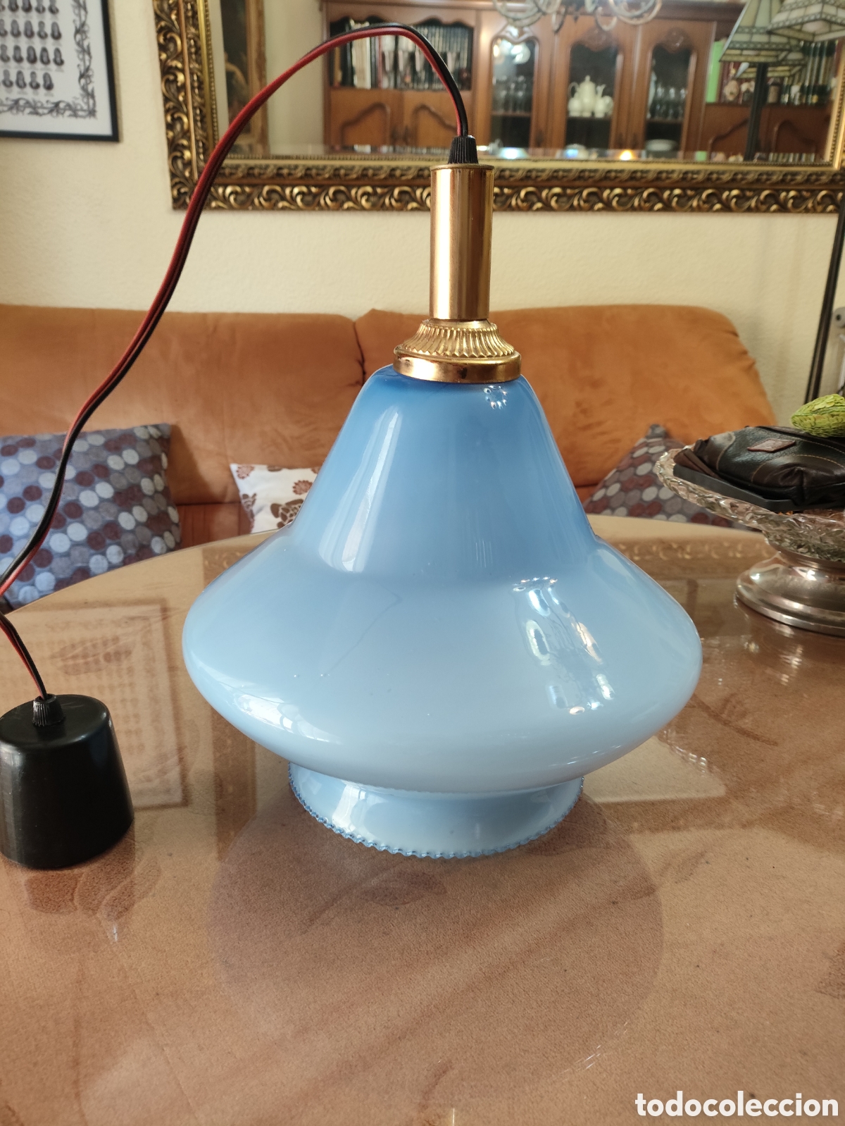 Vintage: Lampara de techo vintage de opalina celeste - Foto 1