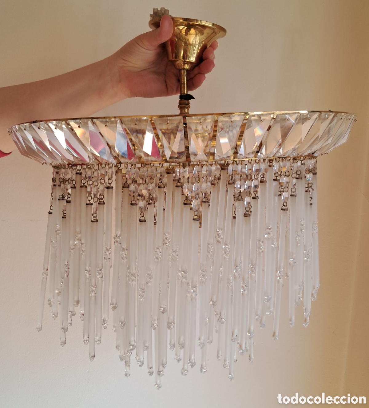 Vintage: Antigua lampara de cristal tallado y bronce
