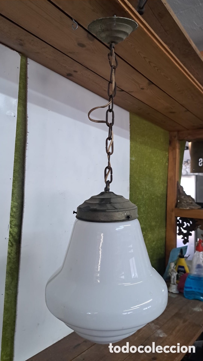Vintage: Lampara de colgar con tulipa grande opalina - Foto 1