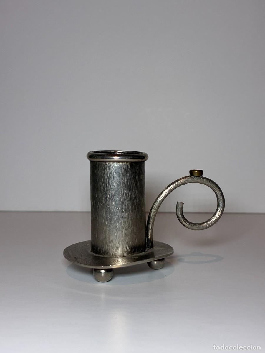 Vintage: Candelero palmatoria sujetavela en metal plateado a&ntilde;os 50.
