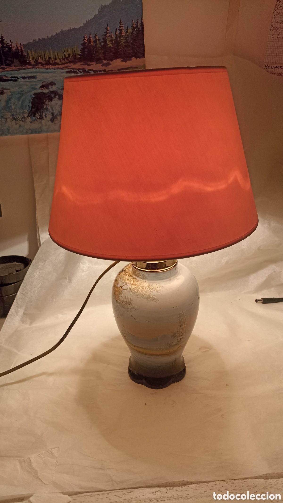 Vintage: L&aacute;mpara de Mesa Vintage - Cer&aacute;mica Pintada a Mano con Paisaje Alpino