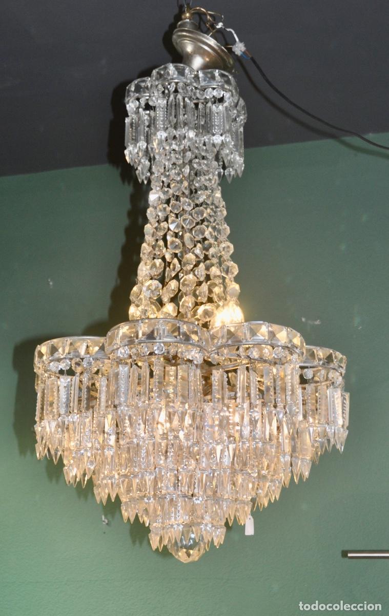Vintage: L&aacute;mpara en cristal prensado y metal, con 6 bombillas