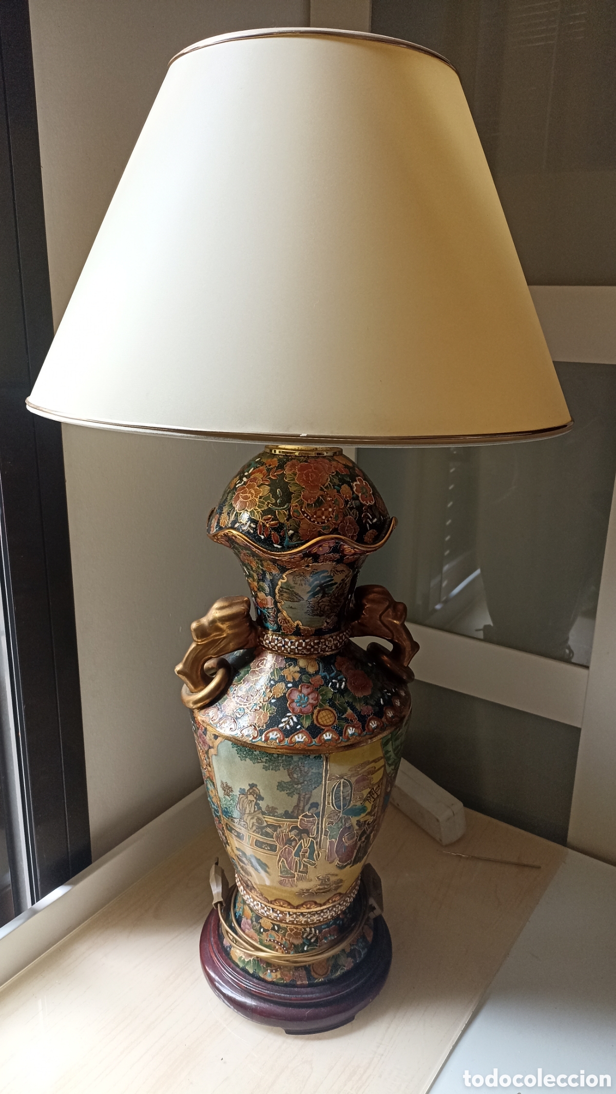 Vintage: Espectacular L&aacute;mpara Vintage Estilo Satsuma - Porcelana Policromada y Oro - 88cm
