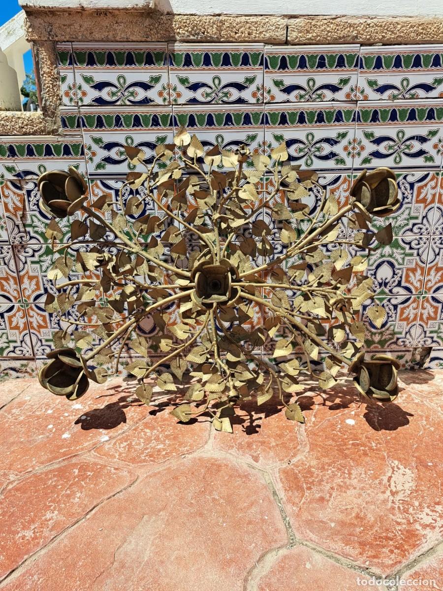 Vintage: L&aacute;mpara de techo artesanal forja hojas y flores