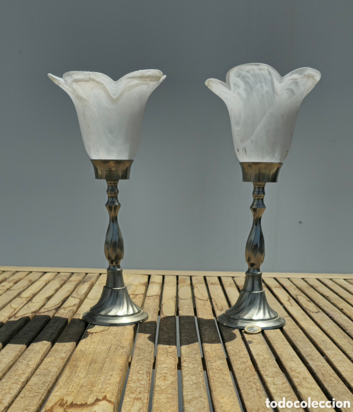 Vintage: 2 candeleros metal y alabastro