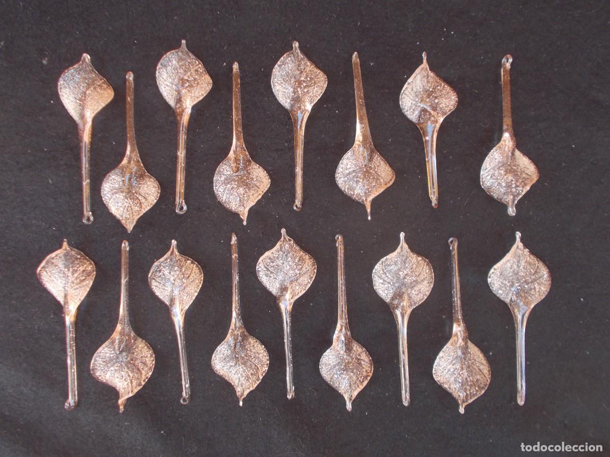 Vintage: Lote de 17 Antiguas LAGRIMAS DE CRISTAL ROSA en Forma de HOJA. 13 cm. Lagrima L&aacute;mpara