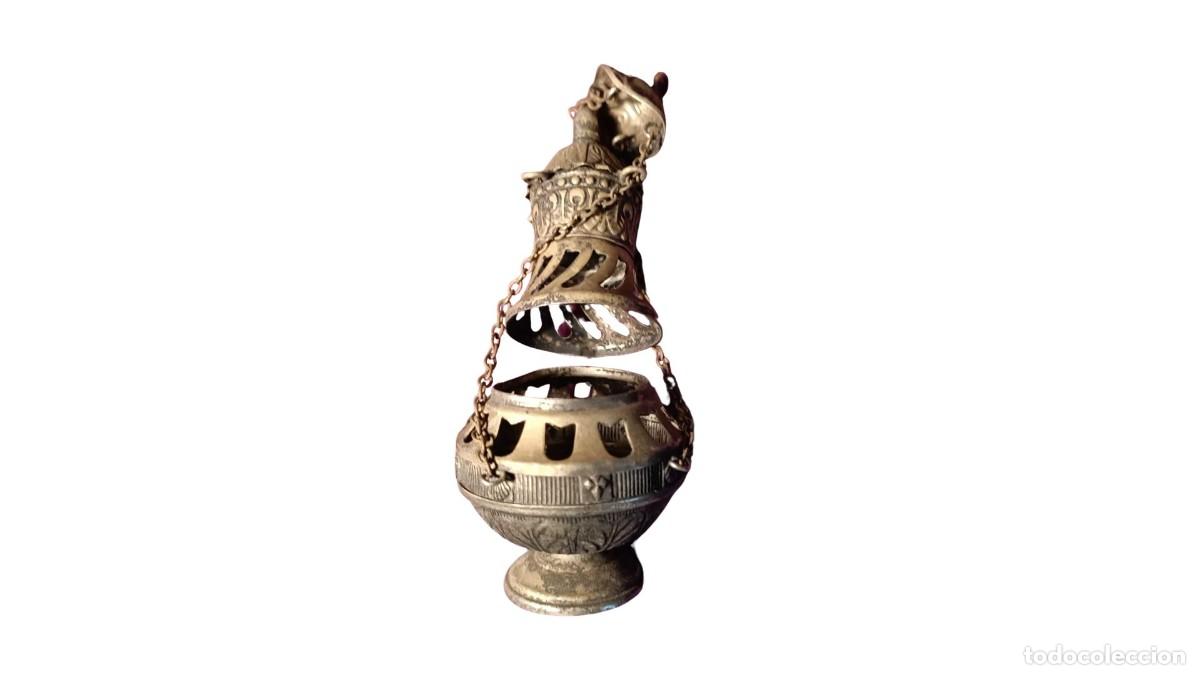 Vintage: INCENSARIO MINIATURA METAL CALADO &middot; COPA + TAPA &middot; CADENAS &middot; TULIPAS Y ARCOS &middot; GRABADO A&Ntilde;OS 50/80