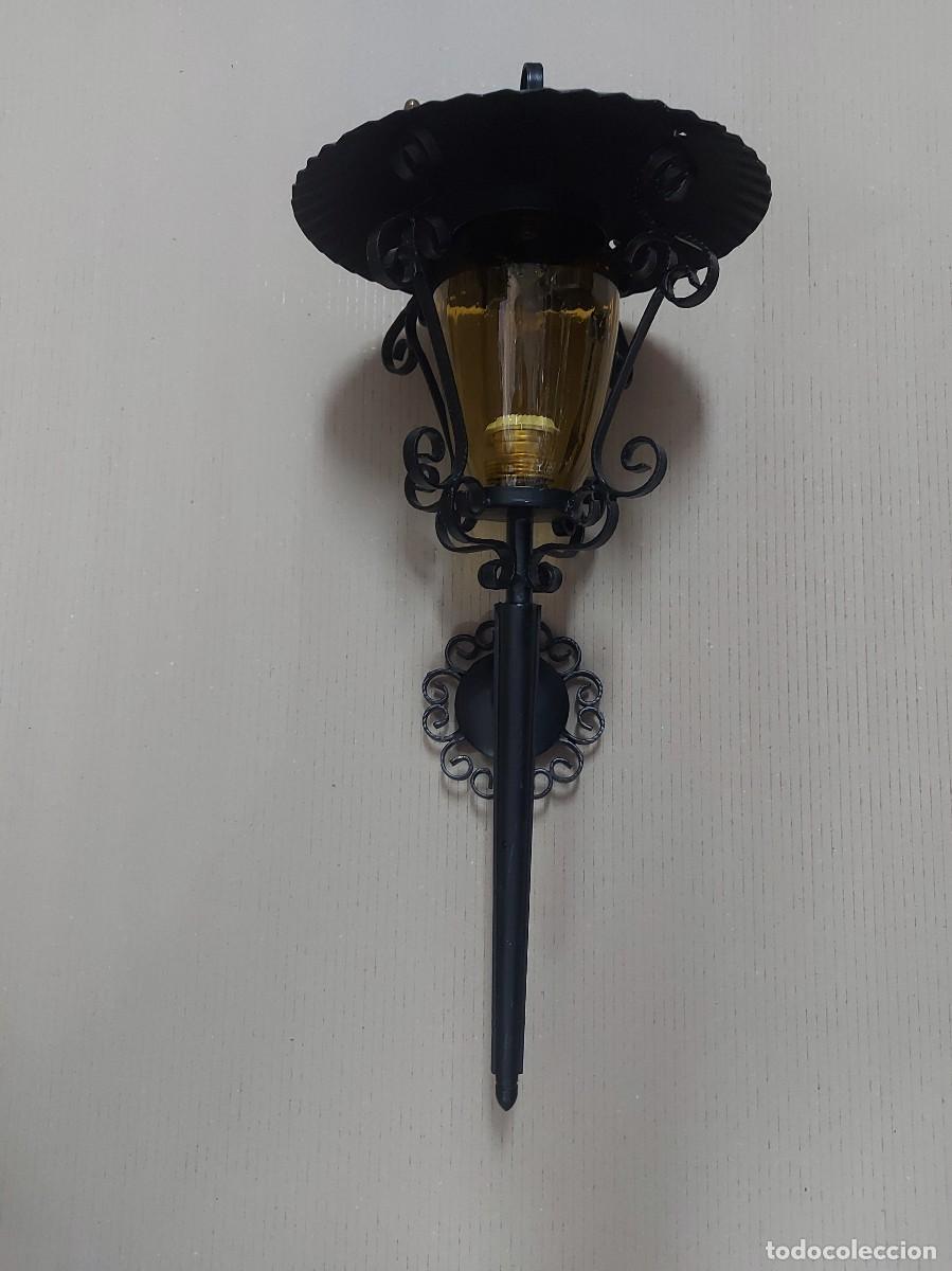 Vintage: ANTIGUO FAROL DE FORJA Y CRISTAL COLOR CARAMELO