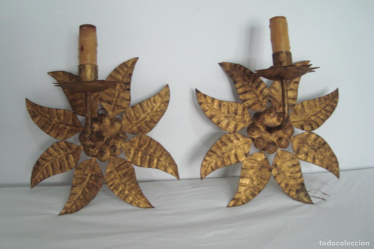Vintage: ANTIGUA PAREJA APLIQUES PORTAVELAS TIPO SOL METAL PATINADO RETRO VINTAGE A&Ntilde;OS 50