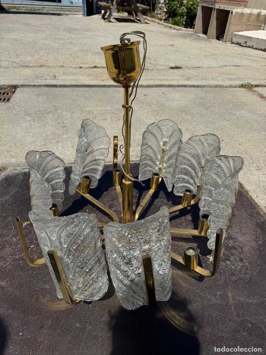 Vintage: Lampara techo estilo Murano tulipas vidrio prensado bronce dorado a&ntilde;os 80 90 59x50cms