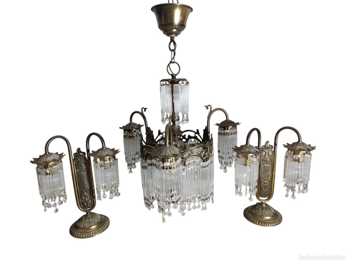 Vintage: Lotazo lampara modernista techo y pareja de mesa bronce y cristal,