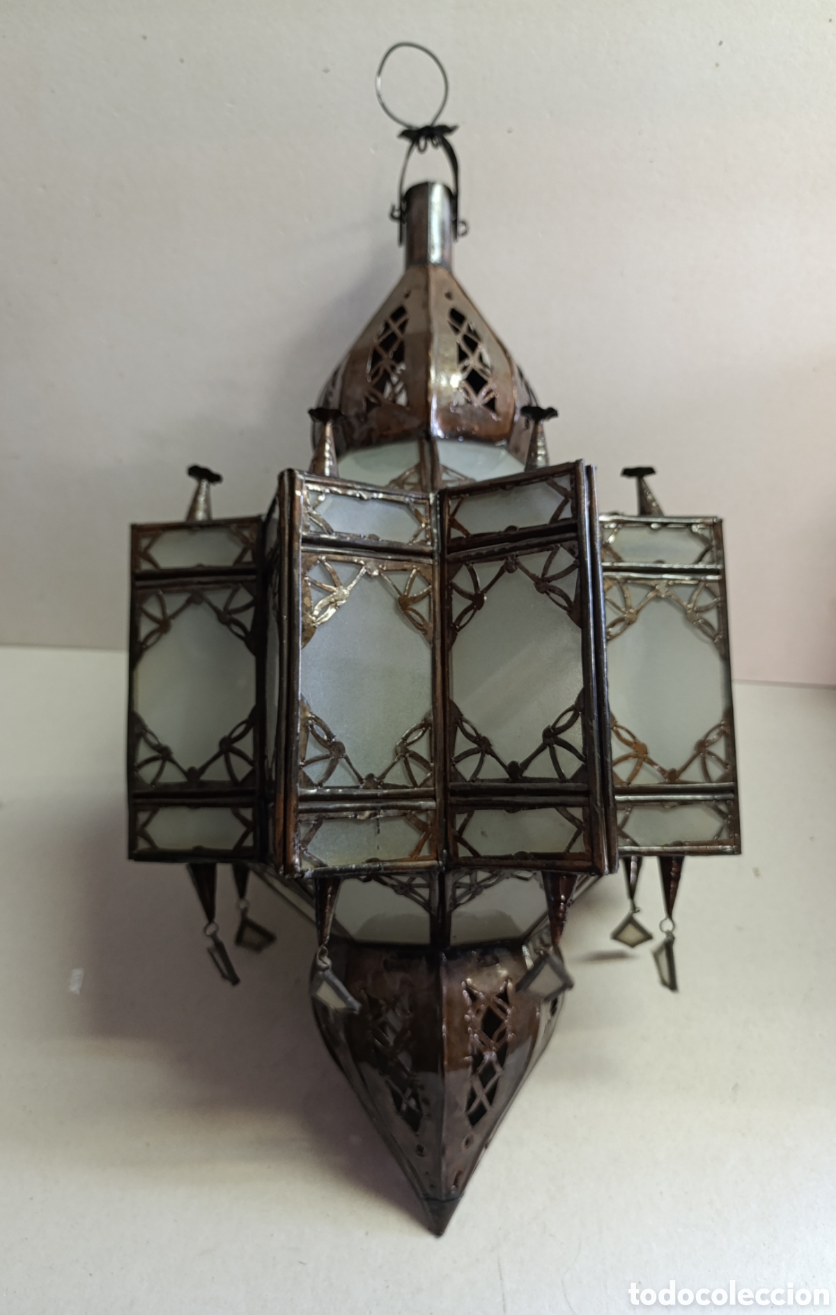 Vintage: FAROL DE TECHO DE ARTESANIA MARROQUI EN LATON Y CRISTAL.