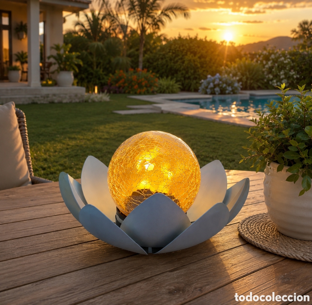 Vintage: L&aacute;mpara Solar Flor de Loto de Metal Inoxidable y Cristal | Iluminaci&oacute;n Decorativa para Jard&iacute;n, Terra