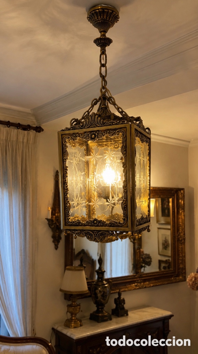 Vintage: Farol Espa&ntilde;ol colgante de Sal&oacute;n o recibidor (bronce con cristales biselados) transparentes