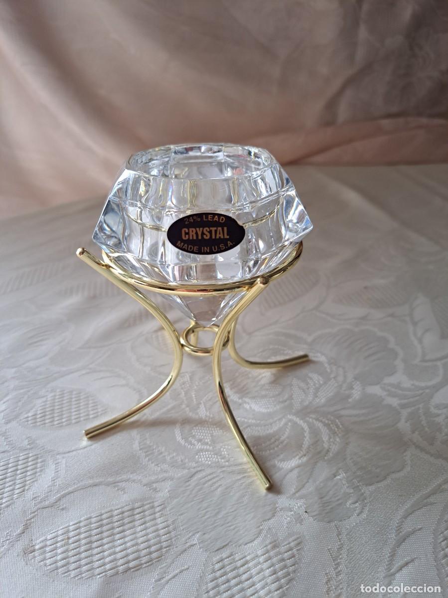 Vintage: Candelabro de cristal de plomo al 24%, fabricados en EE. UU. Diamante con soporte en metal dorado.