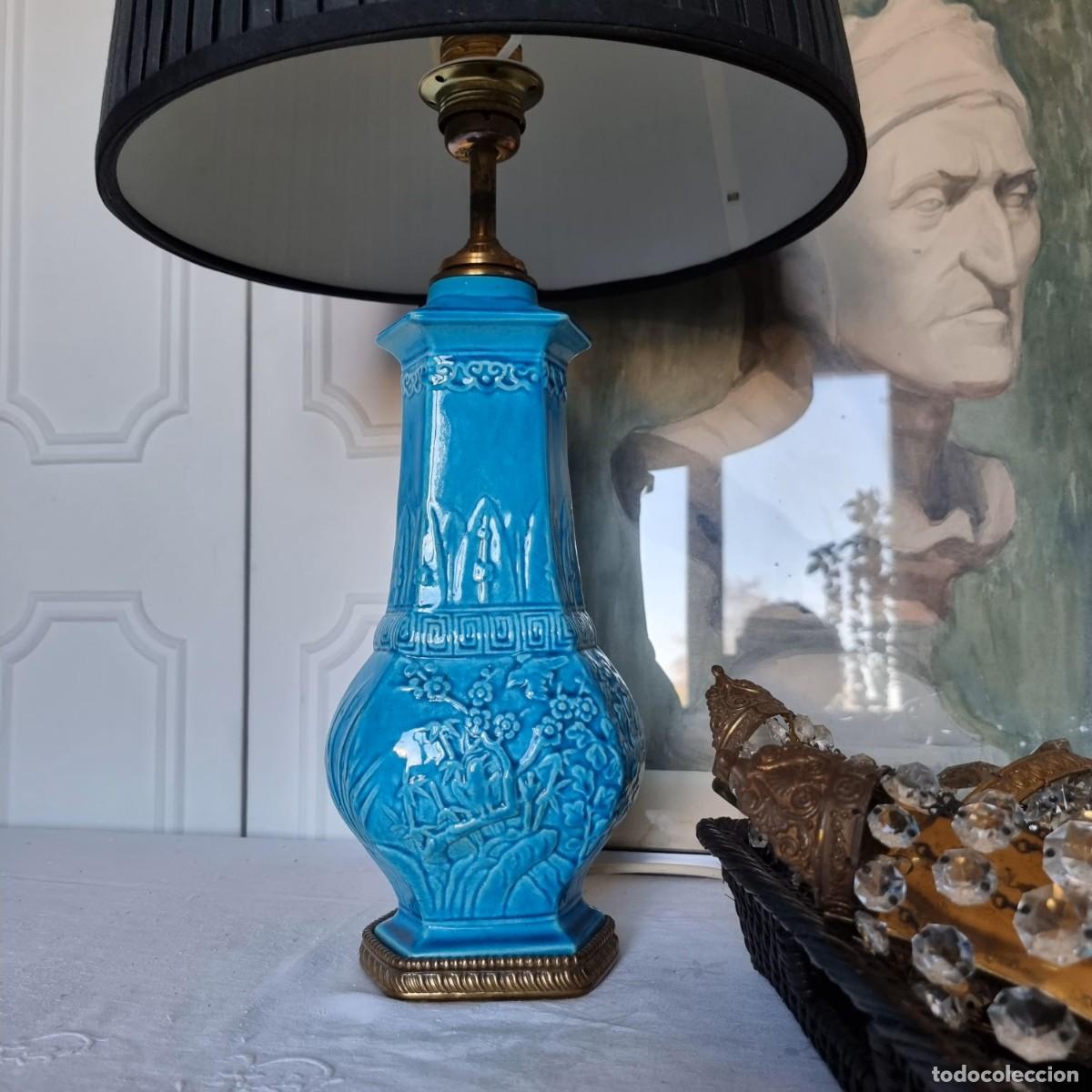 Vintage: Sublime L&aacute;mpara de Mesa S. XIX en Cer&aacute;mica Azul Turquesa &ndash; Estilo Th&eacute;odore Deck / Chinoiserie
