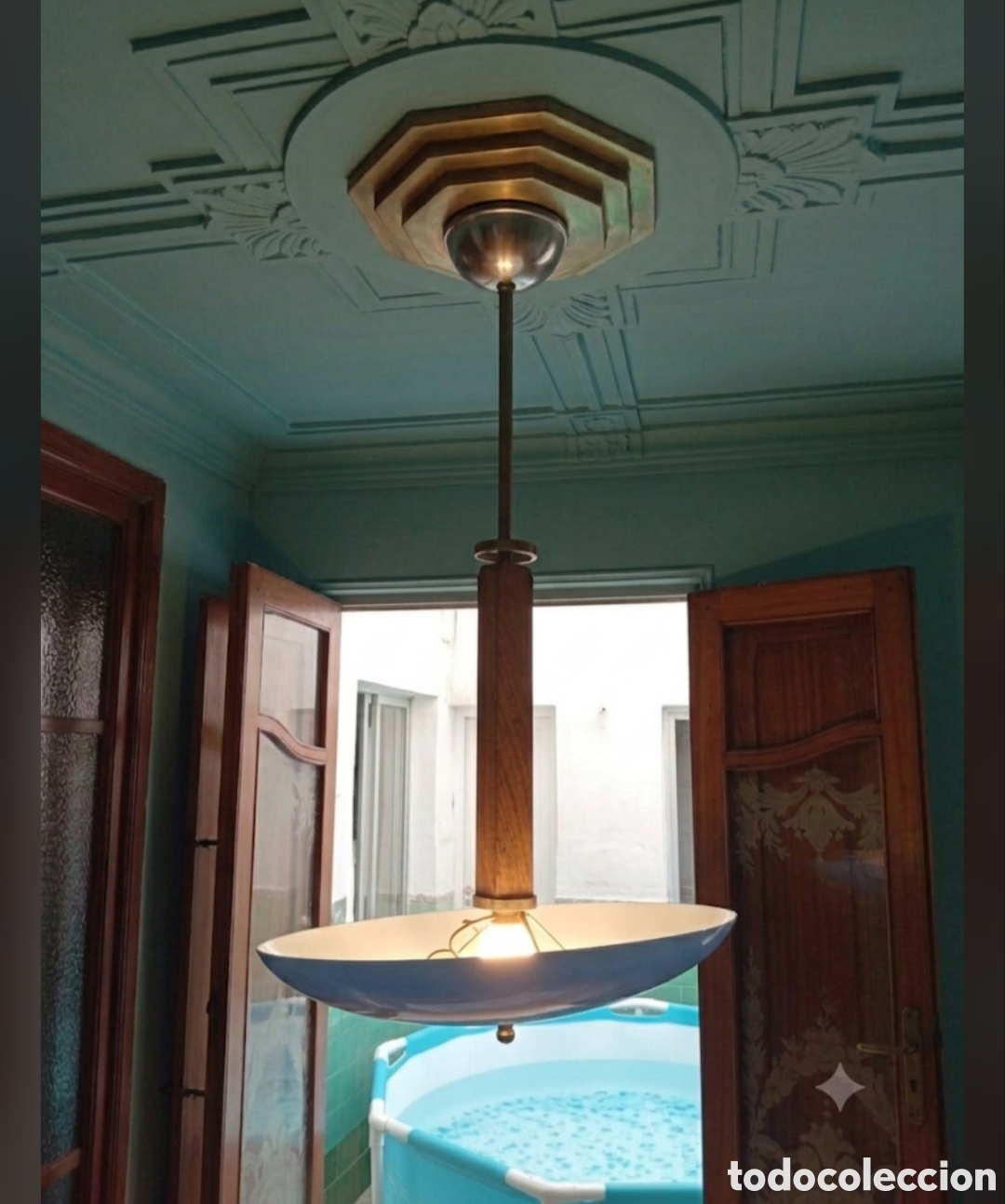 Vintage: Lampara art Deco en madera y opalina - Foto 1