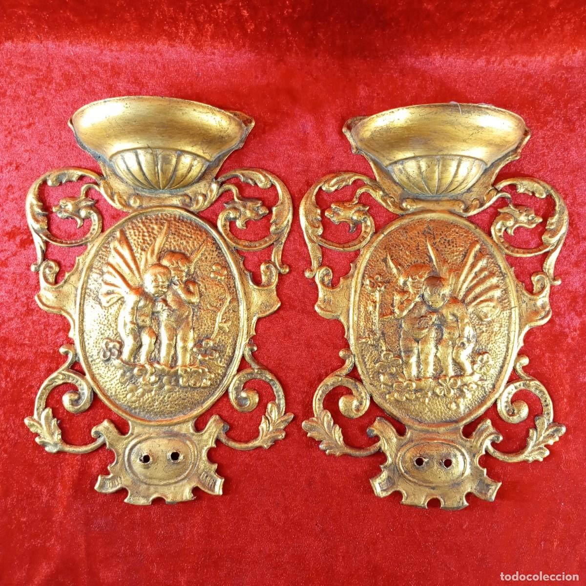 Vintage: LOTE 2 APLIQUES DE PARED VINTAGE - DISE&Ntilde;O DE QUERUBINES ALADOS - BRONCE O LAT&Oacute;N -36,5 X 24 CM / 2219