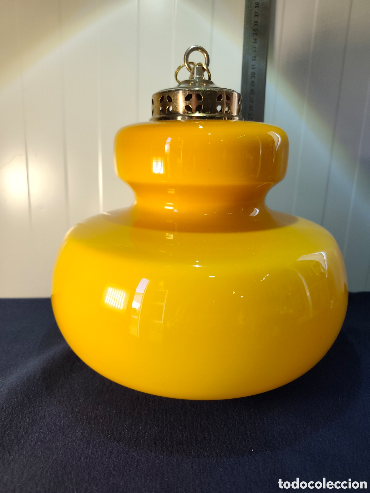 Vintage: L&aacute;mpara Colgante Vintage Cristal Opalino Amarillo Mostaza y Lat&oacute;n - A&ntilde;os 60/70 Mid-Century