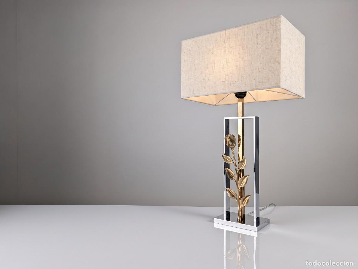 Vintage: L&aacute;mpara de Mesa Maison Charles en Cromo y Bronce Dorado con Rosa, Francia, A&ntilde;os 70