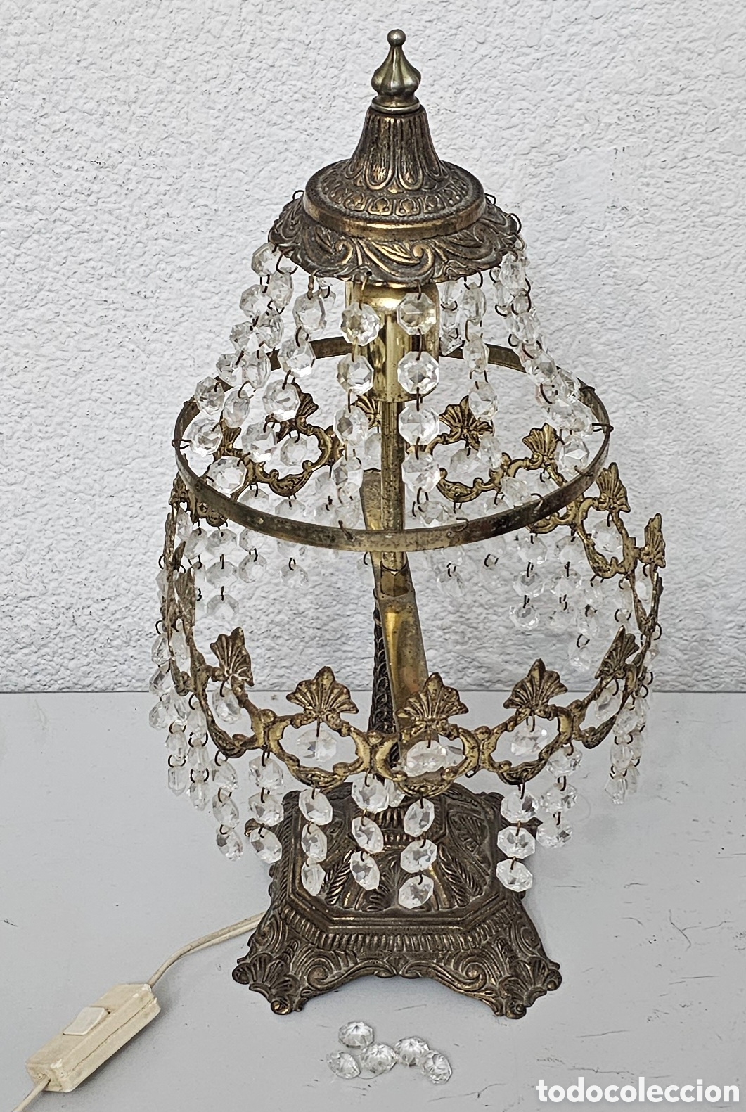 Vintage: ANTIGUA LAMPARA TIPO ARA&Ntilde;A BOUDOIR IMPERIO DE LATON O BRONCE CON ABALORIOS Y LAGRIMAS DE CRISTAL