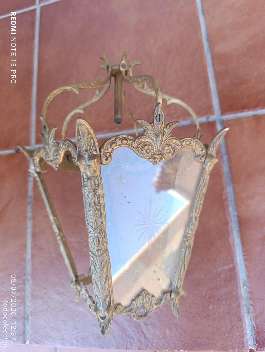 Vintage: ANTIGUO FAROL BRONCE,CRISTAL TALLADO. - Foto 4
