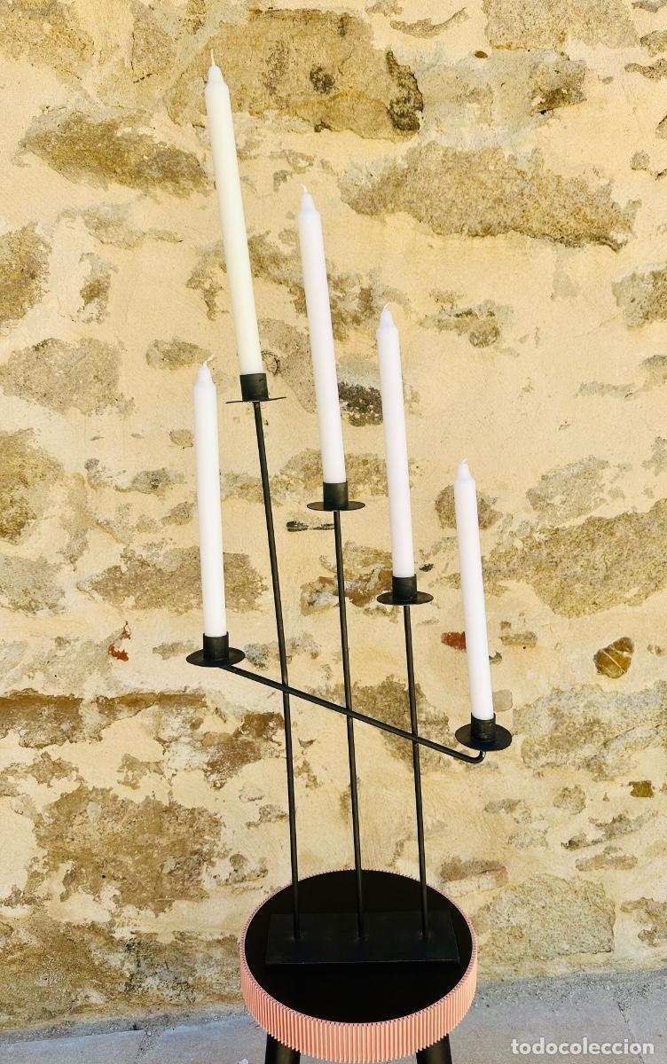 Vintage: Candelabro moderno vintage metal negro 5 velas dise&ntilde;o arquitect&oacute;nico 60 cm