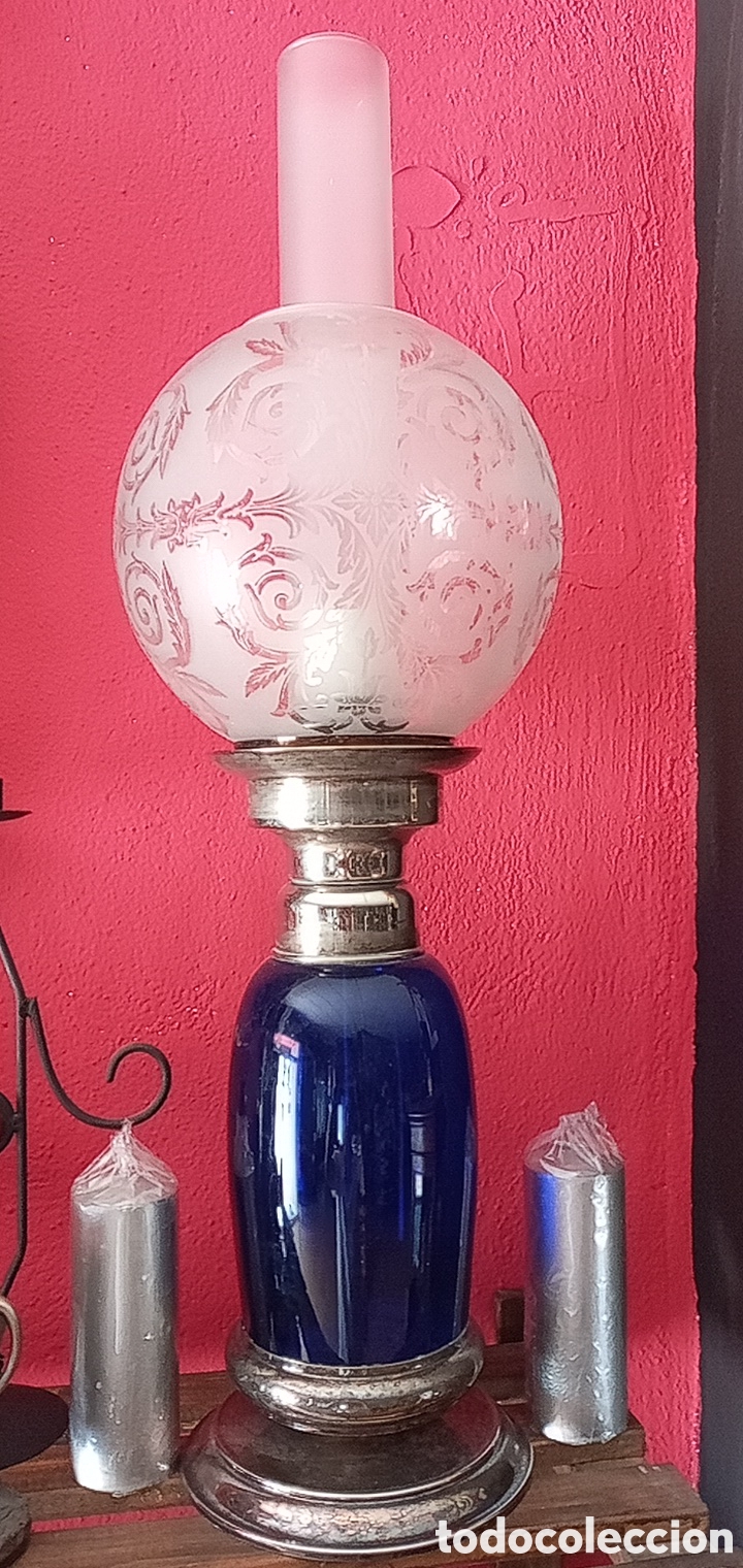 Vintage: PRECIOSA L&Aacute;MPARA DE MESA ESTILO ART DEC&Oacute; AZUL COBALTO METAL Y CRISTAL LABRADO