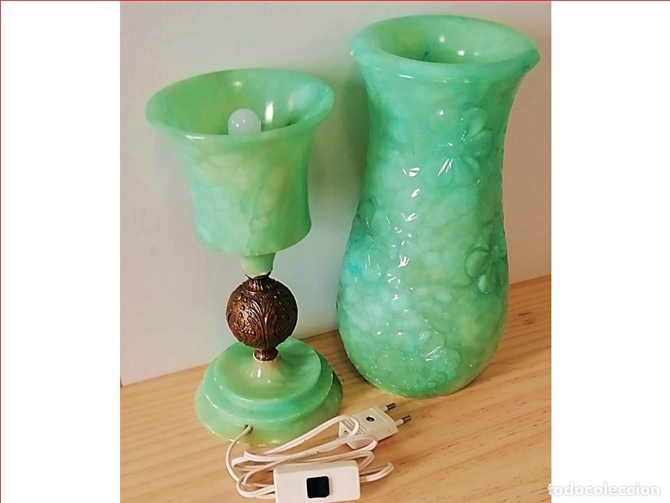Vintage: JARR&Oacute;N Y L&Aacute;MPARA DE ALABASTRO VERDE