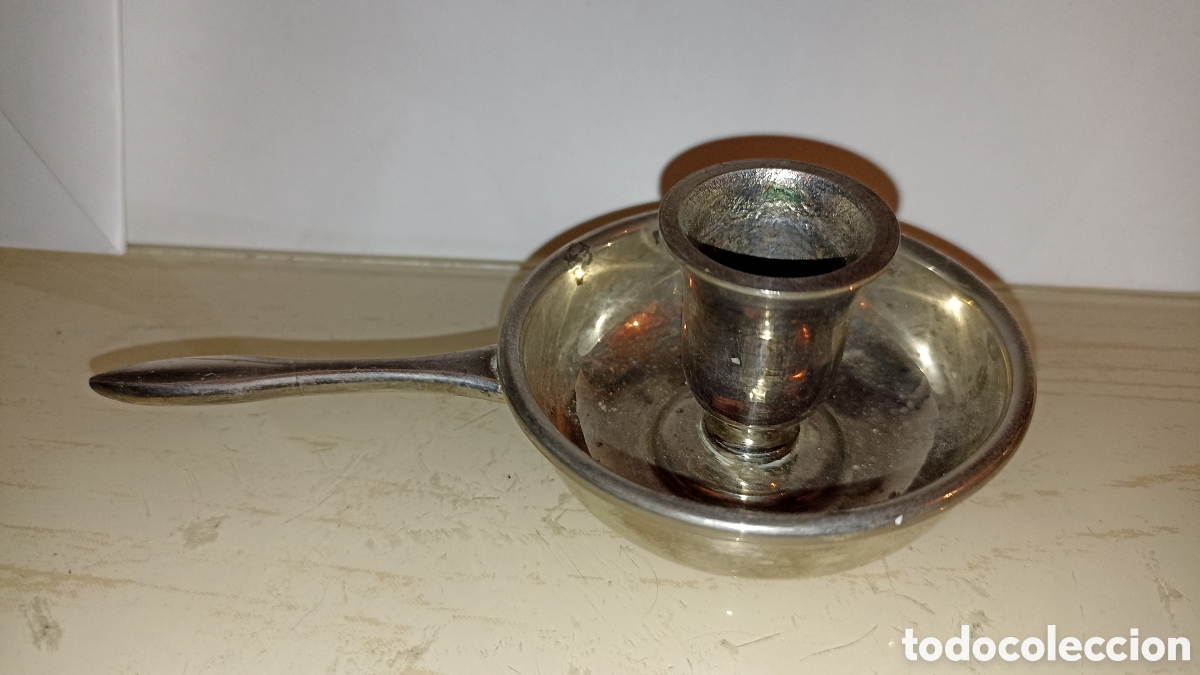 Vintage: Antiguo Candelabro Portavelas de Mano Palmatoria Metal Plateado, 18 cm
