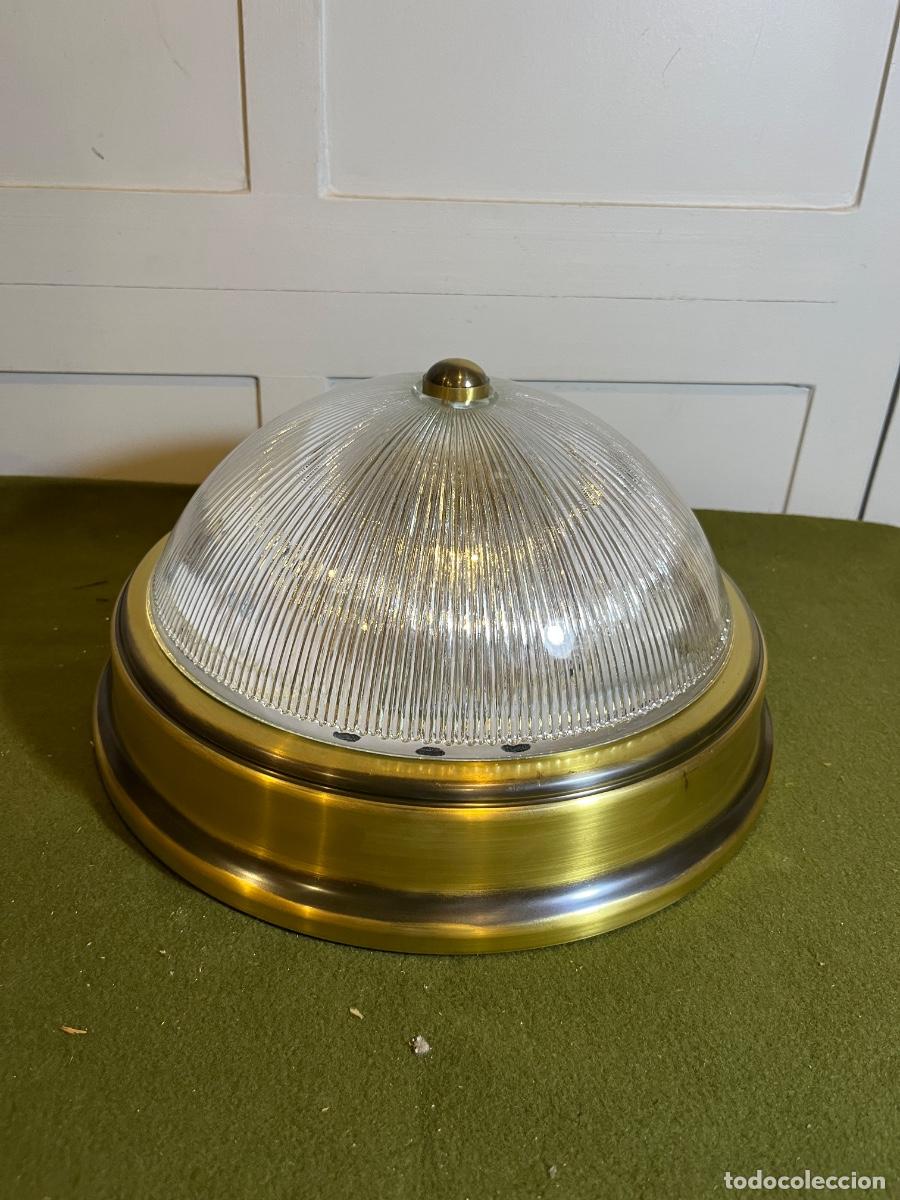 Vintage: Plaf&oacute;n vintage lat&oacute;n envejecido y cristal estriado &Oslash;30 cm &ndash; L&aacute;mpara de techo cl&aacute;sica a&ntilde;os 70-80