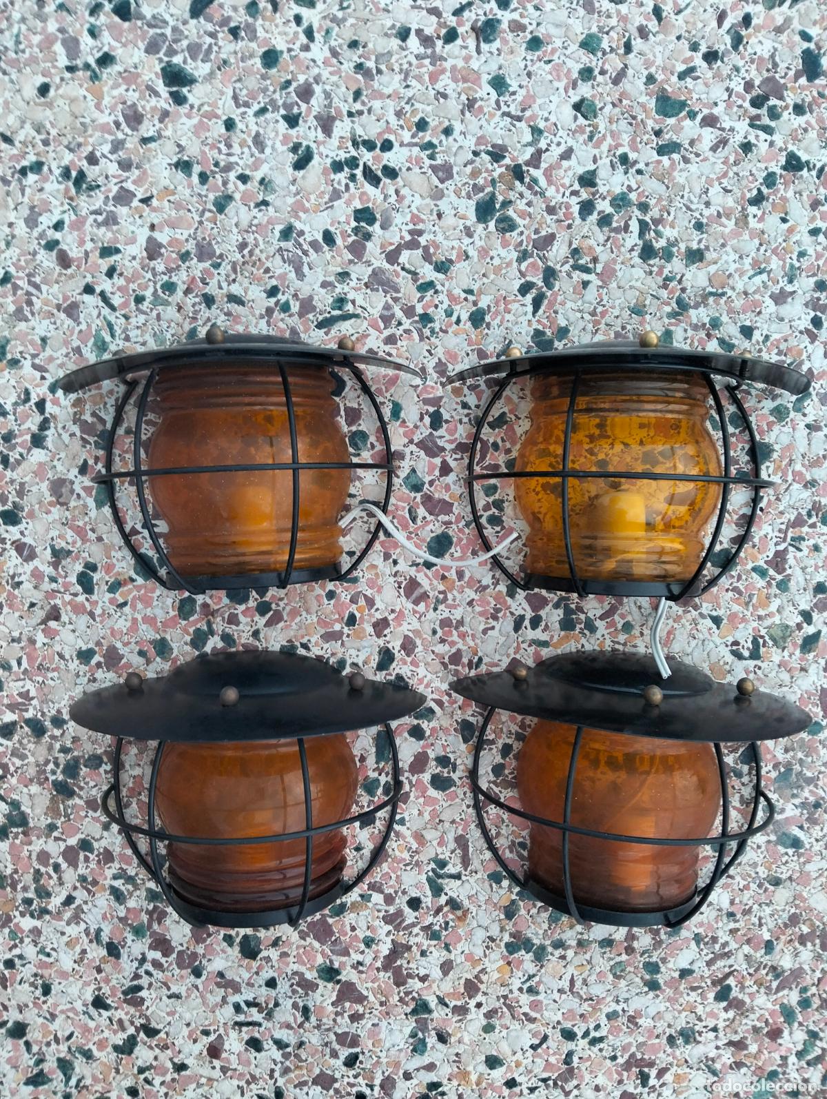 Vintage: Lote 4 faroles farolas apliques de pared l&aacute;mparas vintage jard&iacute;n metal negro cristal &aacute;mbar a&ntilde;os 70