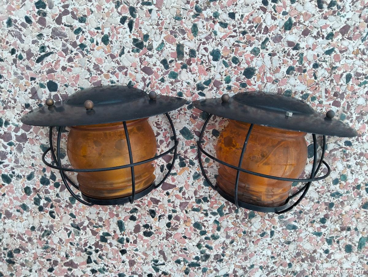 Vintage: Lote 2 faroles farolas apliques de pared l&aacute;mparas vintage jard&iacute;n metal negro cristal &aacute;mbar a&ntilde;os 70