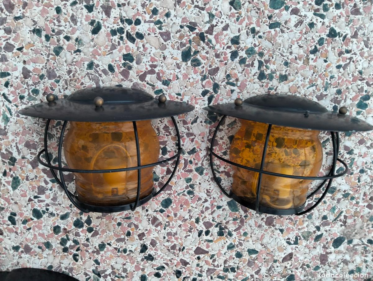 Vintage: Lote 2 faroles farolas apliques de pared l&aacute;mparas vintage jard&iacute;n metal negro cristal &aacute;mbar a&ntilde;os 70