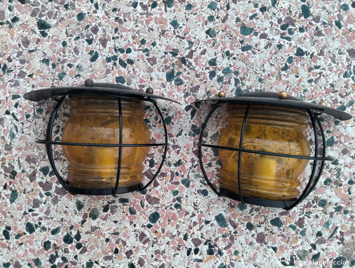 Vintage: Lote 2 faroles farolas apliques de pared l&aacute;mparas vintage jard&iacute;n metal negro cristal &aacute;mbar a&ntilde;os 70