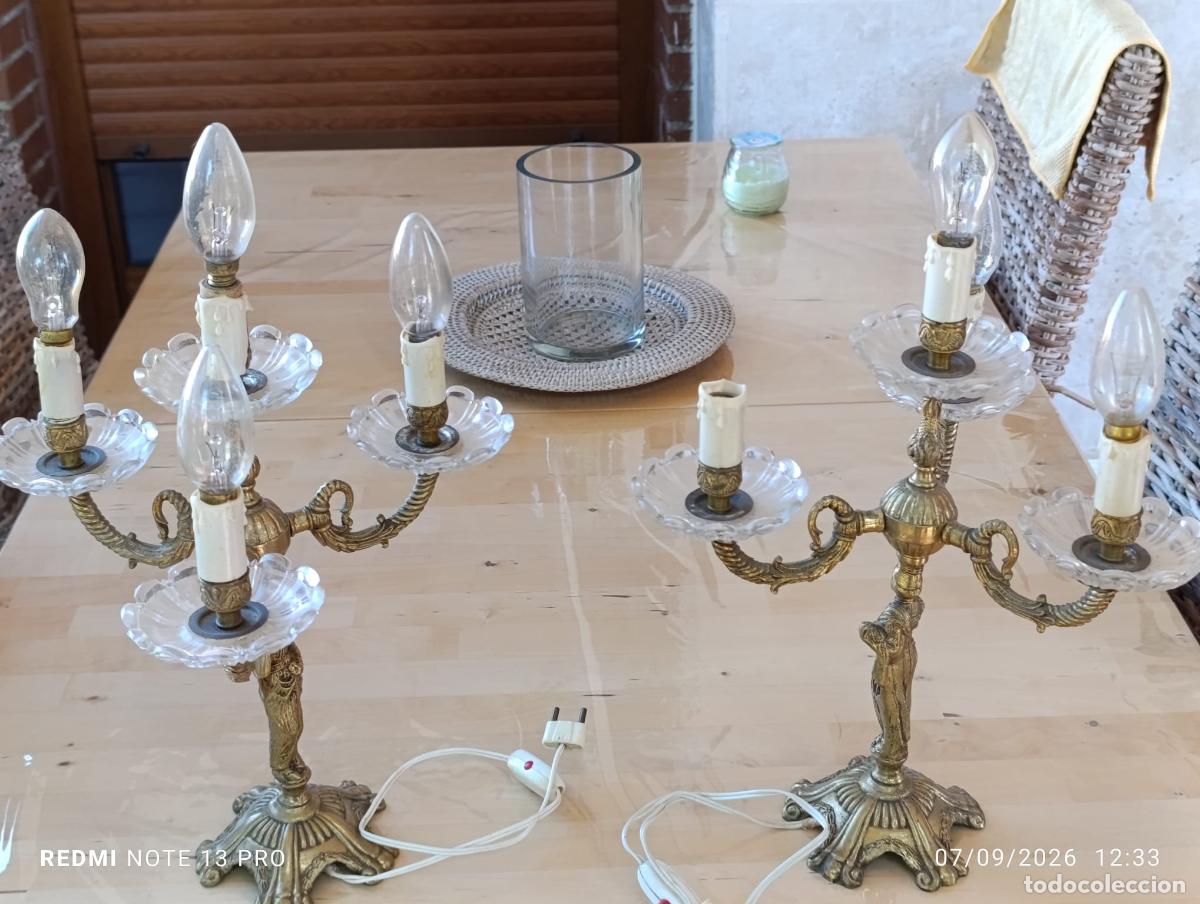 Vintage: ANTIGUO PAREJA CANDELABROS LUMINOSOS DE BRONCE Y CRISTAL.