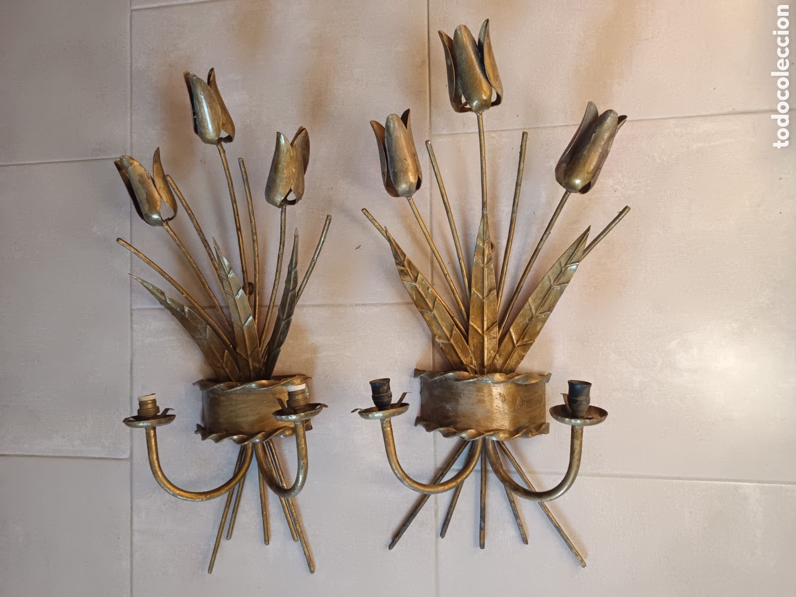 Vintage: Antiguos apliques de pared lampara hierro ferro art forja ramo flores tulipanes sol