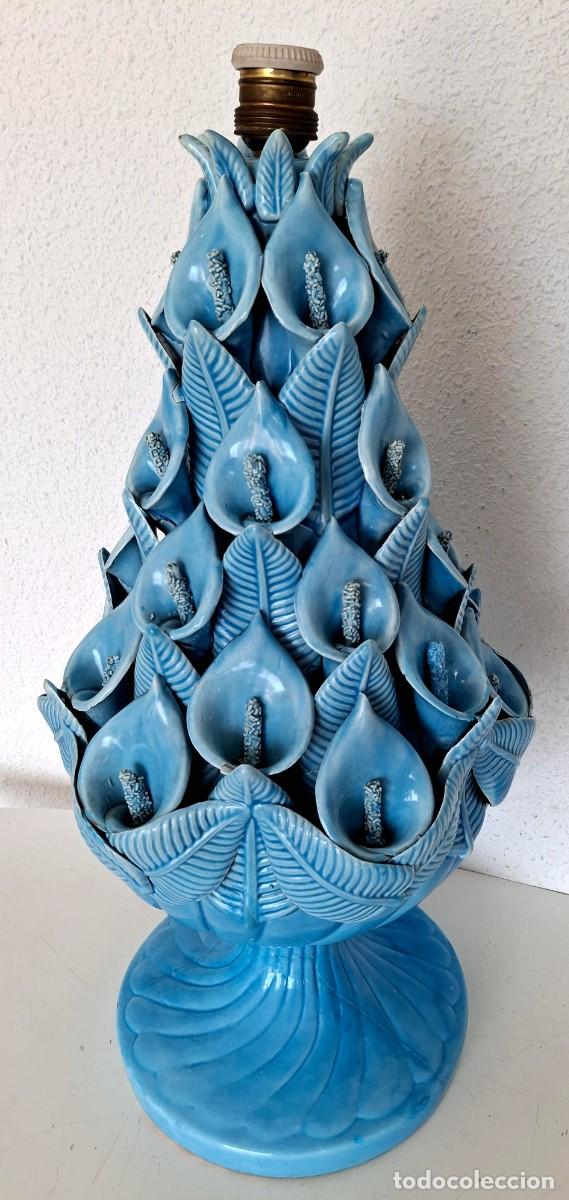 Vintage: Gran l&aacute;mpara cer&aacute;mica Manises a&ntilde;os 50 60 azul decoraci&oacute;n mantos de la virgen o calas funciona 60cm