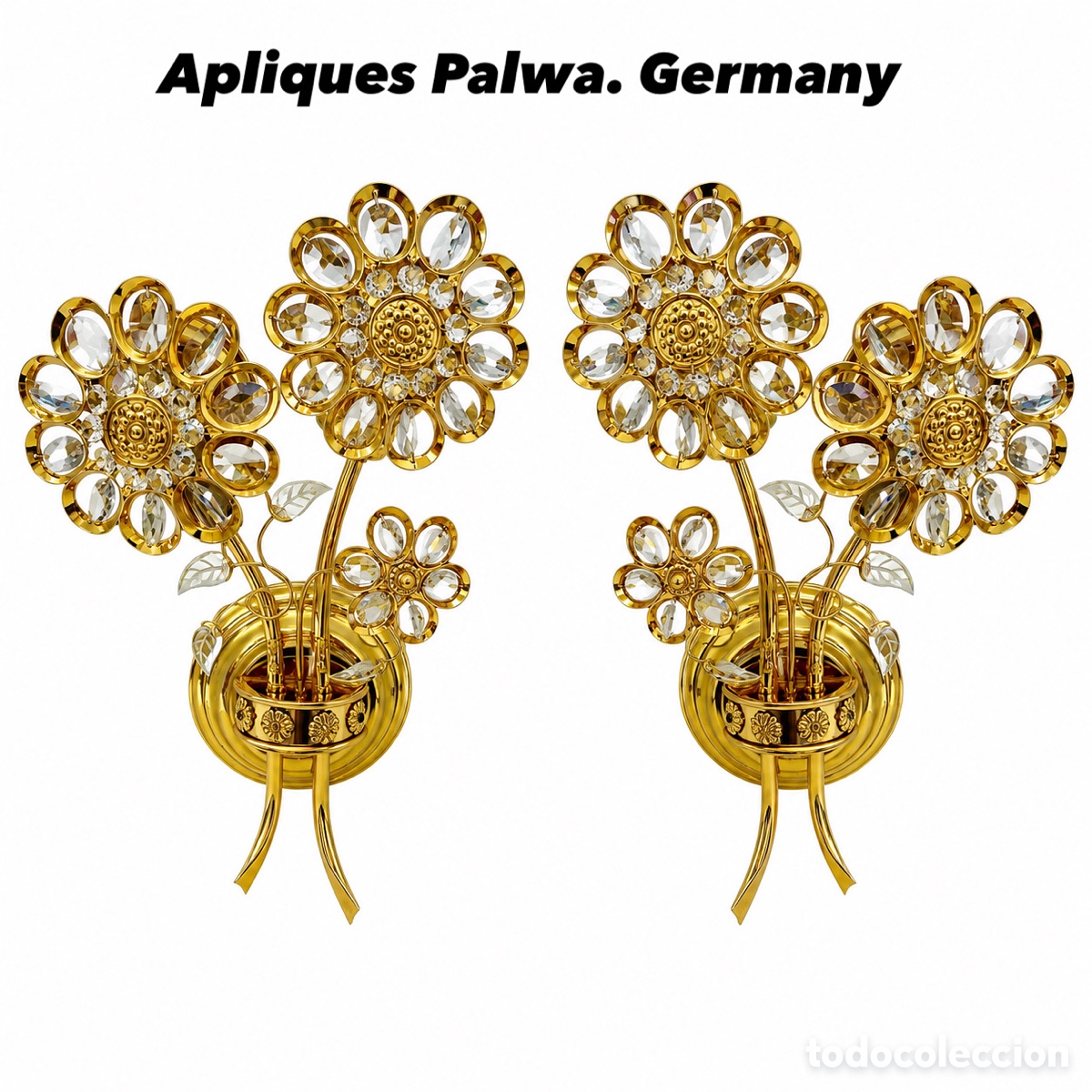 Vintage: Pareja Apliques palwa. Germany. Flores laton y cristales