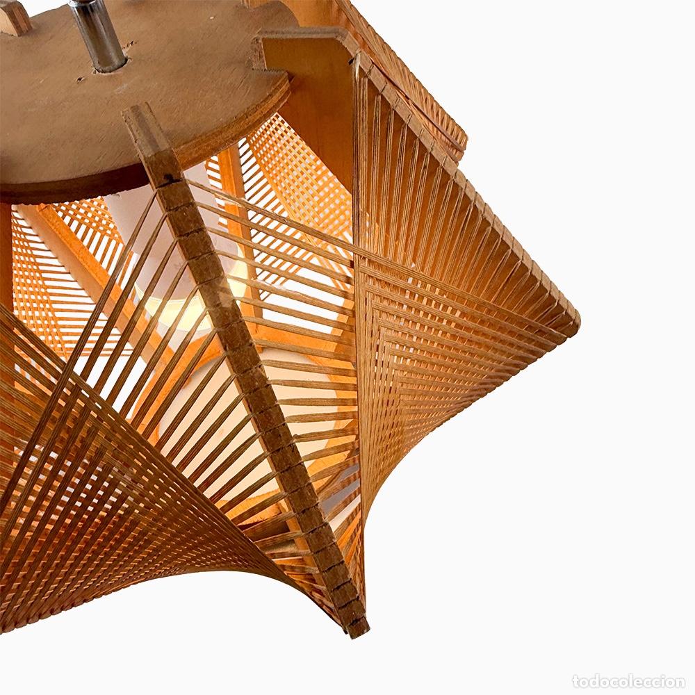 Vintage: L&aacute;mpara de madera y rafia, 1970s - Foto 5