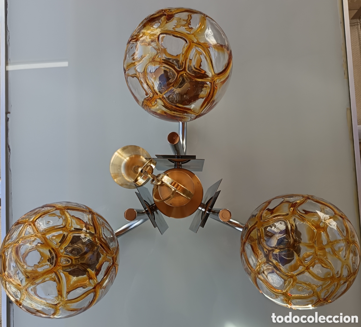 Vintage: L&aacute;mpara Vintage Mid- Century A&ntilde;os 70 Cristal &Aacute;mbar Soplado