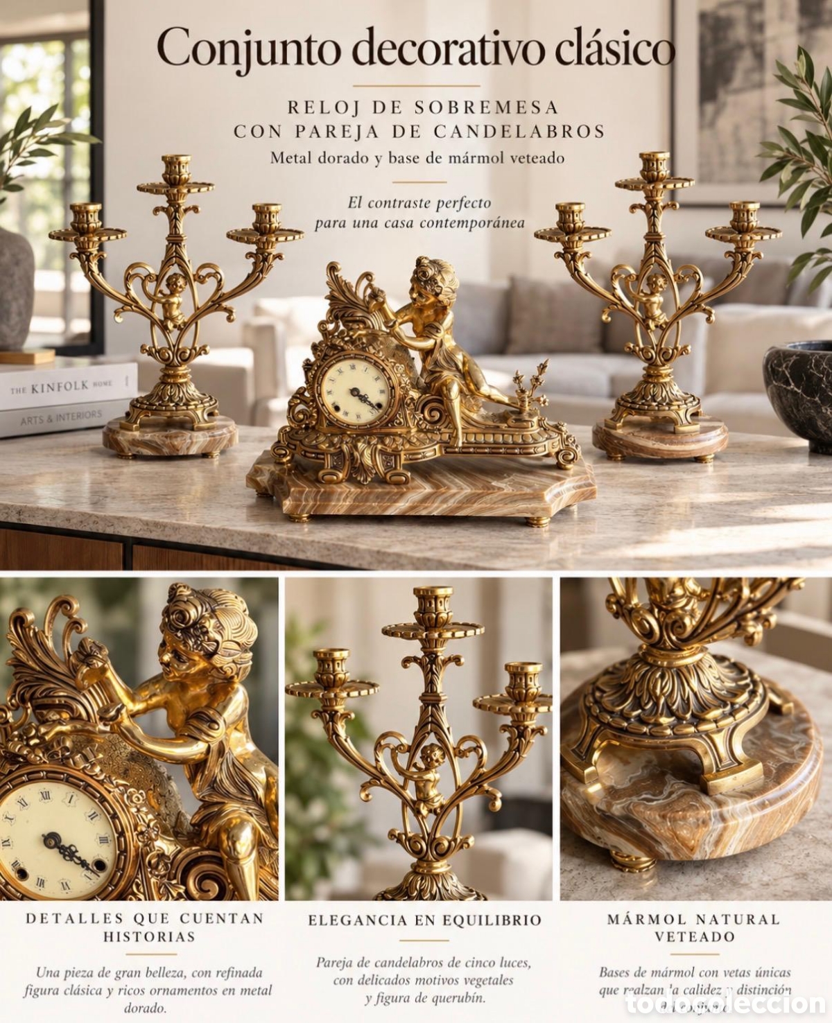 Vintage: Espectacular Juego de Reloj de Chimenea y Candelabros Siglo XIX - Bronce Dorado y M&aacute;rmol &Oacute;nix