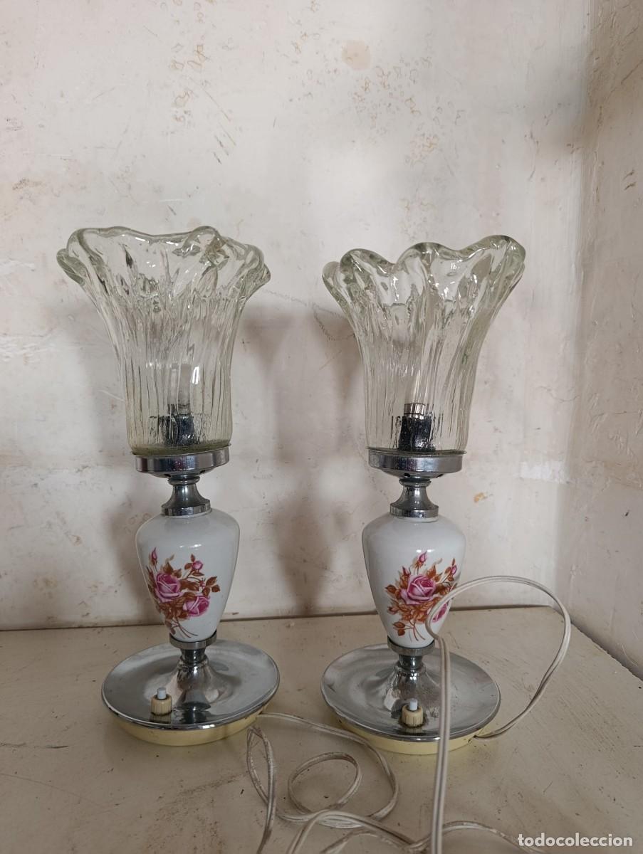 Vintage: Pareja l&aacute;mparas cer&aacute;mica pintadas a mano y tulipas de cristal soplado