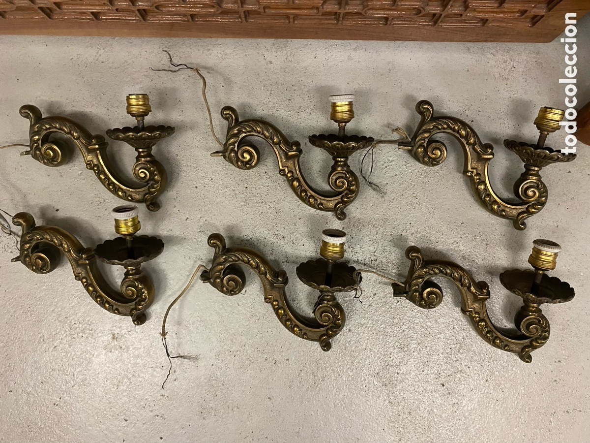 Vintage: Lote 6 apliques pared vintage a&ntilde;os 60 barroco voluta en S. Calamina dorada imitaci&oacute;n bronce.