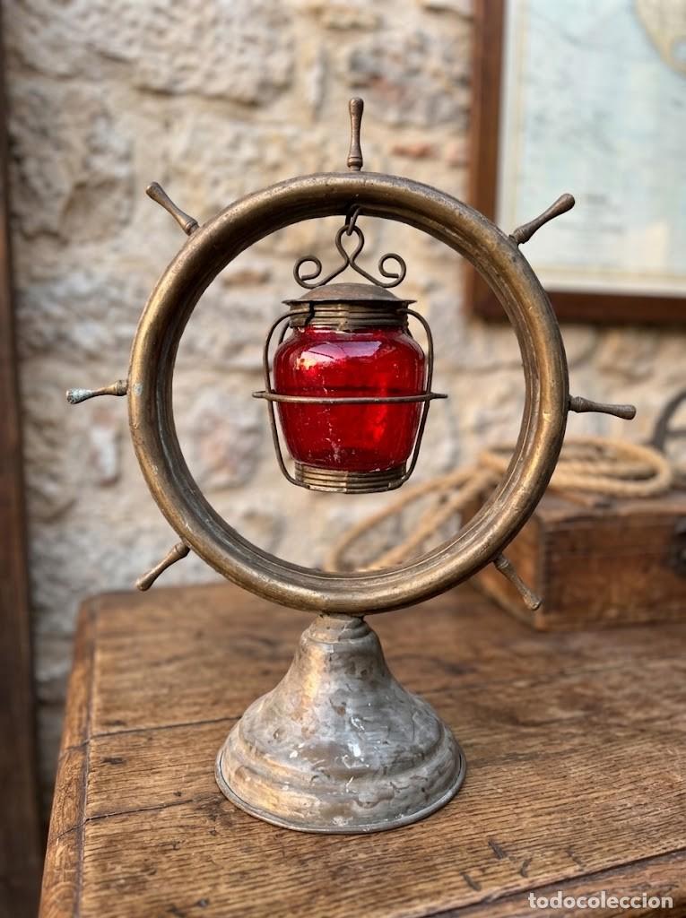 Vintage: Farol n&aacute;utico lat&oacute;n tim&oacute;n marinero cristal rojo