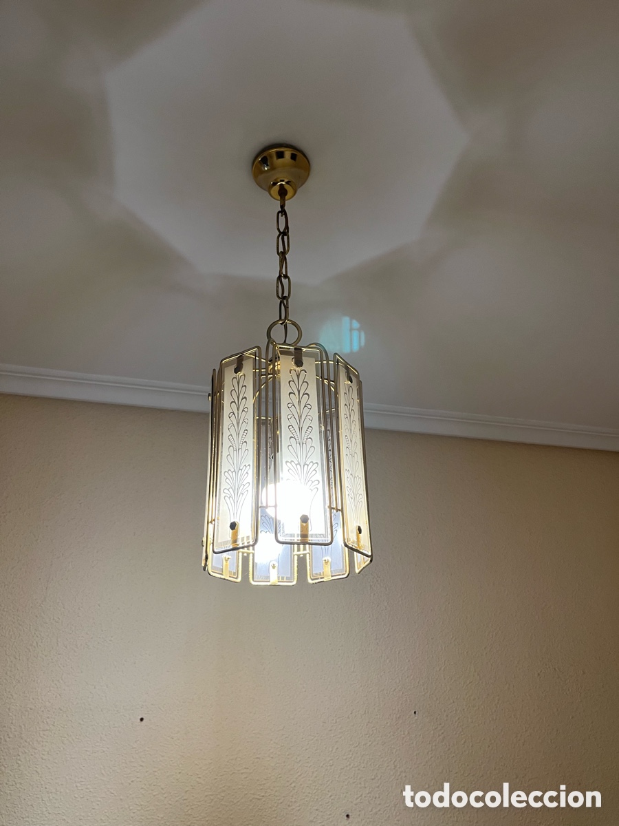 Vintage: L&aacute;mpara de techo vintage 1983 &ndash; Cristal decorado y metal dorado &ndash; Original a&ntilde;os 80