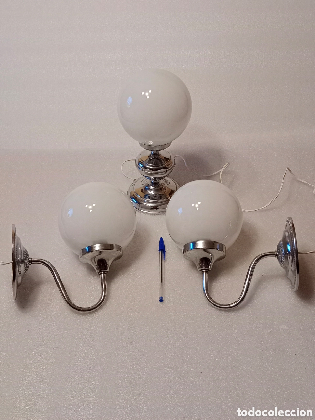 Vintage: Conjunto lampara sobremesa apliques cromado espejo globo opal mid century space age vintage