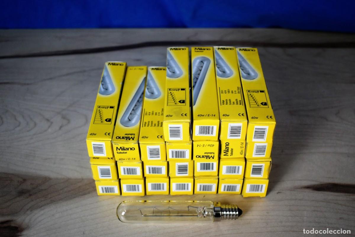 Vintage: Lote de 25 bombillas tubulares incandescentes MILANO 40W E14. Nuevas, antiguo stock de almac&eacute;n