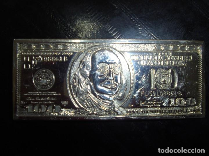 Vintage: HEBILLA PLATEADA DE 125 X 50 MM. REPRESENTA UN BILLETE DE 100 DOLLAR. - Foto 2 - 196329820