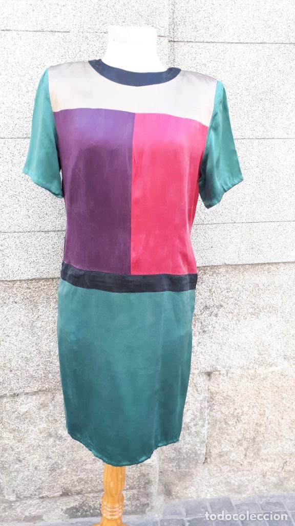 Vintage: VESTIDO CORTO DE SEDA ESTAMPADO CUADRANGULAR DE LOS A&Ntilde;OS 80 - Foto 1